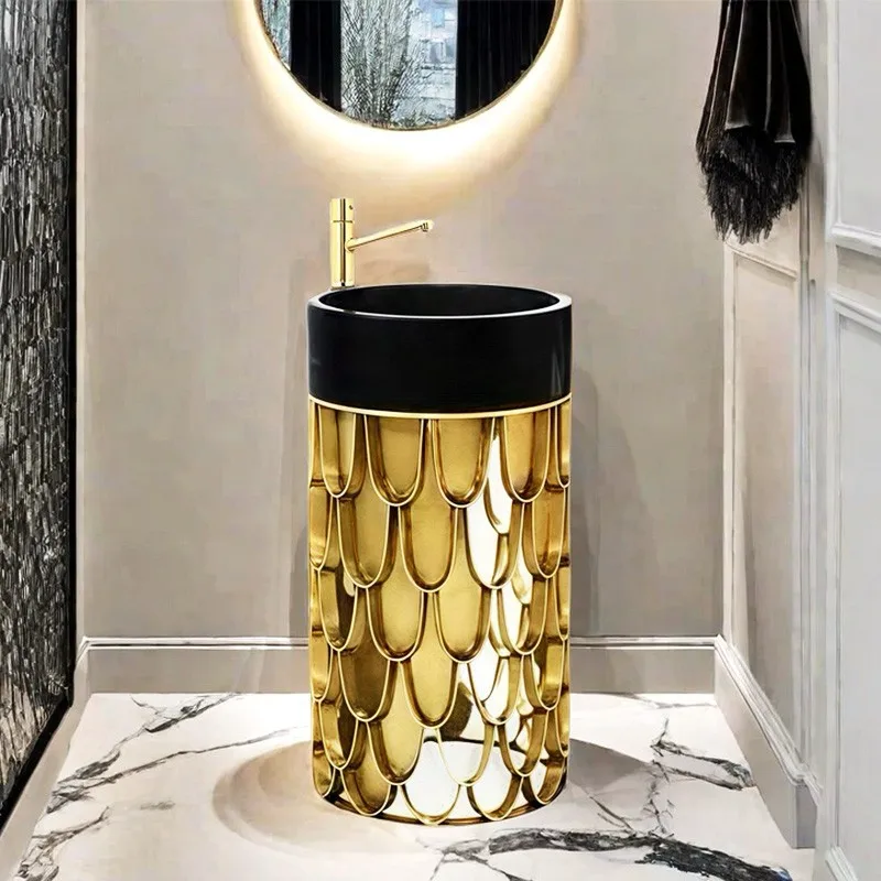 Light luxury marble column basin, floor-to-ceiling luxury household high-end stainless steel fish scale washbasin