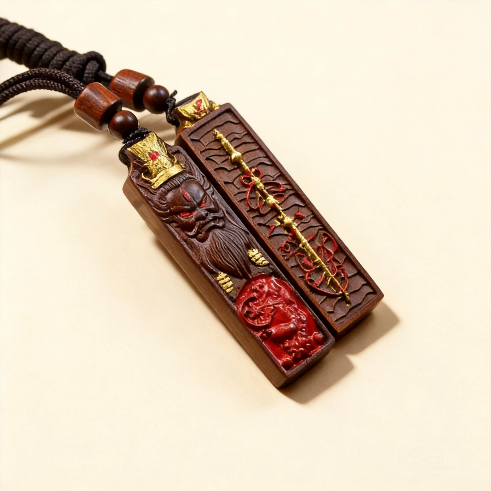 Snqp Thunderstruck Jujube Wood Gilded Cinnabar Wang Lingguan Long Pendant Hand Carved Chinese Lucky Amulet Blessing Wealth Fortu