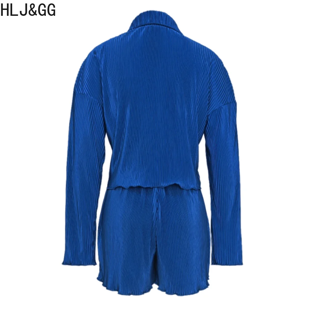 HLJ&GG Casual Solid Loose Shirt Two Piece Sets Women Turndown Collar Button Long Sleeve Shirt And Shorts Outfits Female Clothing
