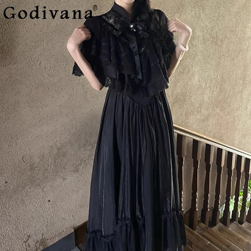 

Vintage Elegant Stand-Up Collar Ruffles Lace Short Sleeve Black Princess Dress 2025 Summer Girls A-line High Waist Fairy Dresses