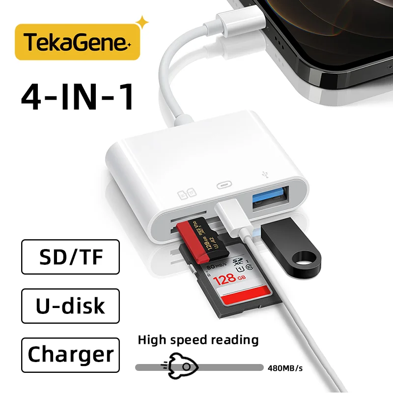 4 in 1 USB OTG Compatible SD/TF tarjeta de lector de tarjeta adaptador de memoria de cámara con puerto de carga rápida For el iPhone 15 Pro Max For