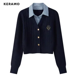 2024 Spring Autumn Preppy Style Badge Embroidery Knitted Cardigan Women Single Breasted Fake Two Pieces Long Sleeve Sweater Coat