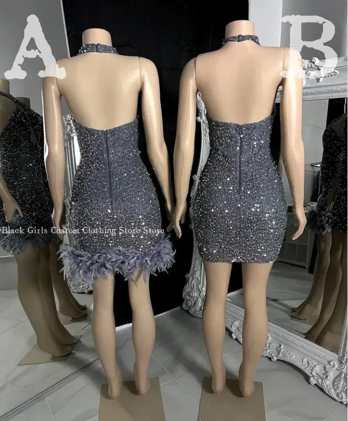 Sparkling Sexy Short Cocktail Dresses Silver Grey Hollow Hanging Neck Inlaid Sequins Women's Party Queen Dresses amanda novias