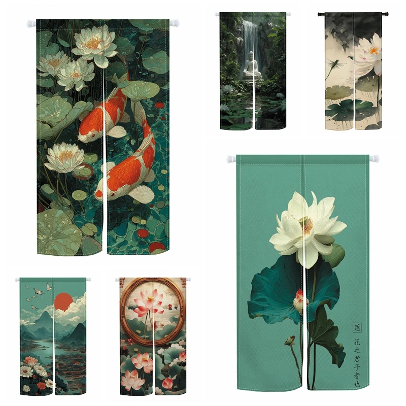 Chinese Style Noren Door Curtains Koi Fish Lotus Linen Doorway Curtain Entryway Partition Screen Restaurant Kitchen Half-curtain