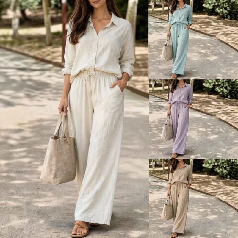 Women Washed Cotton Linen 2 Piece Outfit Lapel Long Sleeve Shirt Wide Leg Pants Set