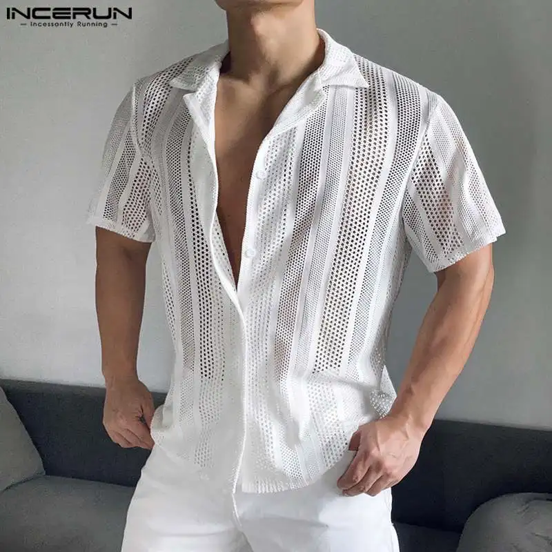 2024 Men\'s Shirt Mesh Transparent Lapel Short Sleeve Summer Men Clothing Streetwear Hollow Out Fashion Casual Camisas INCERUN