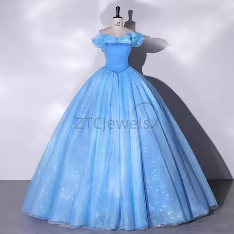 2025 New Cinderella Fugitive Princess Fluffy Dress Blue Minimalist Dress Adult Feminine Temperament Evening Dress