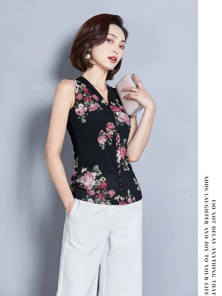 2024 New Arrival Mesh Female Spring Summer Printed Flowers Button Charming Trend Tank Tops Woman M-3XL Sleeveless Slim V-neck