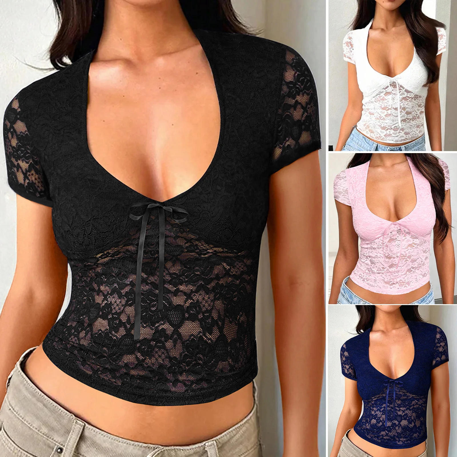 

Sexy Deep V-ne Lace irt Hollow out ort Sve Women's Street Sle Slim Fit Cross-Border Faion Spring Summer Top