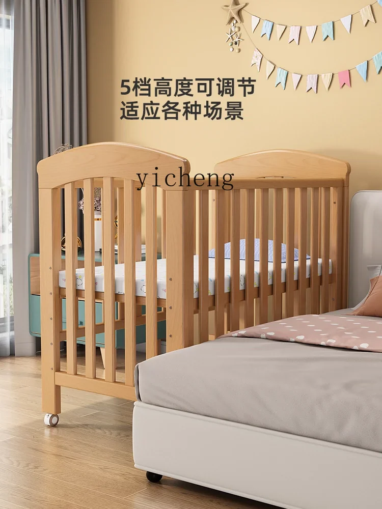 Tqh Children's Stitching Widened Babies' Bed Beech Stitching Bed with Fence Double-Layer Mobile Cradle Crib