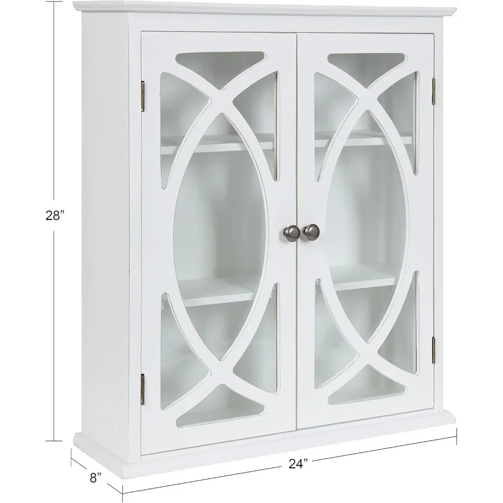 Kitchen Cabinets, White, Decorative Traditional Storage Cabinet, Two Glass Doors and Three Interior Shelves, Kitchen Cabinets