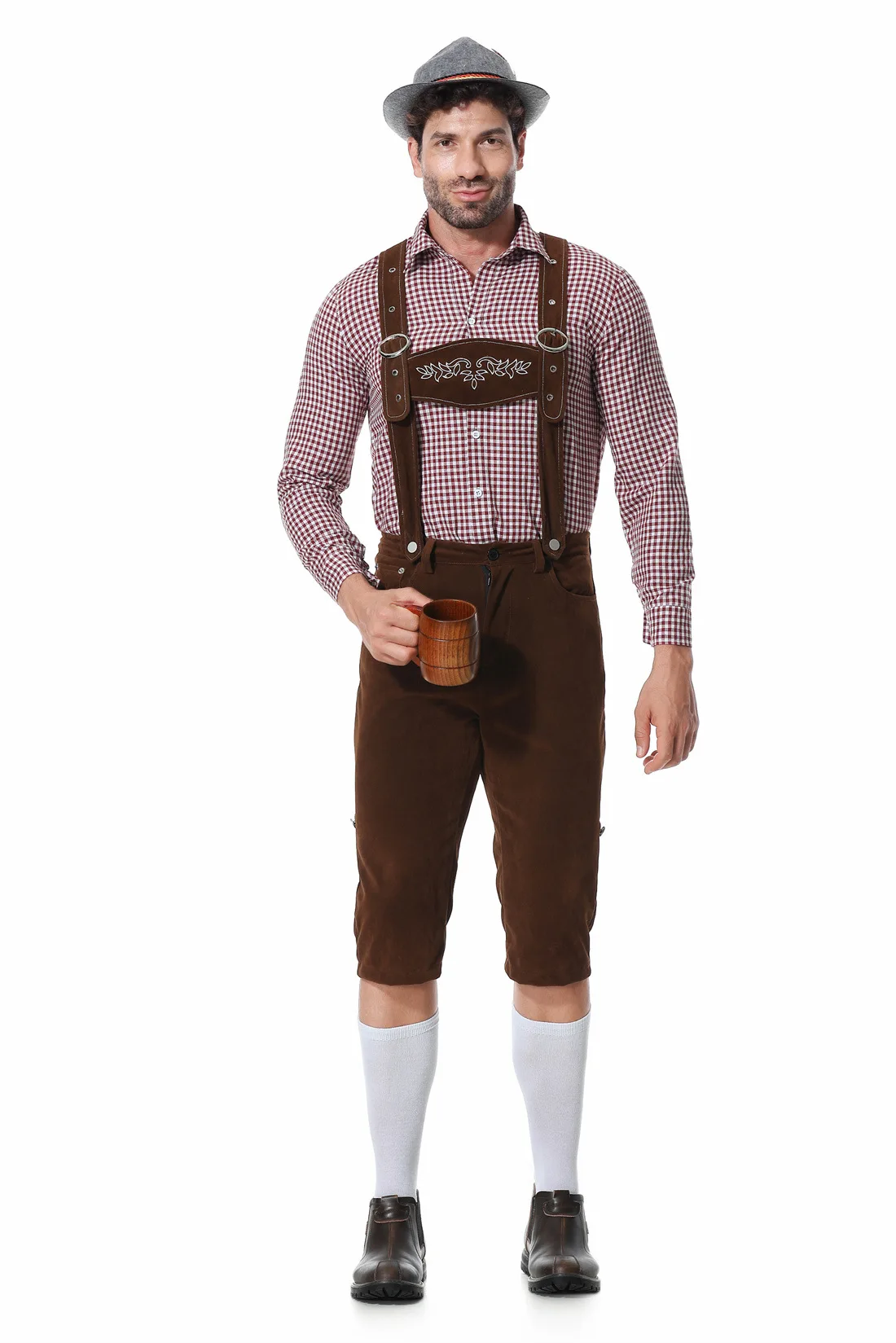 Oktoberfest Lenhosen Costume Set para Homens, Bávaro, Festivais de Cerveja Alemã, Suspensórios, Camisa, Chapéu, Trajes Cosplay Masculinos, 3 Pcs