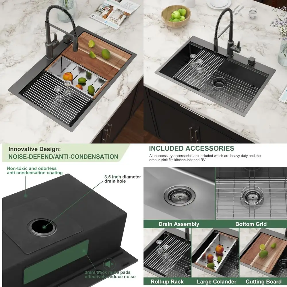 

33 x 22 Gunmetal Black 16-Gauge Stainless Steel Single Bowl Kitchen Sink with Nano PVD Coating and Handcrafted Workstation