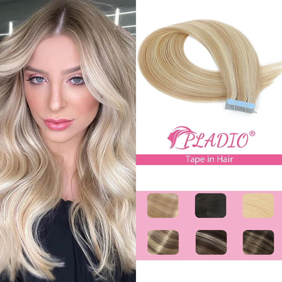 PLADIO Tape In Hair Extensions 100% Human Hair Natural Hair Brazilian Straight Blonde Skin Weft Adhesives Remy Hair Extensions