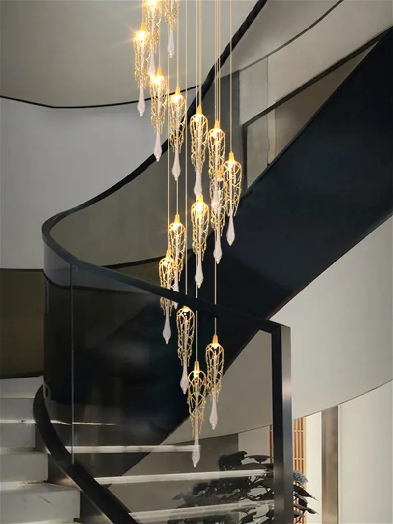 

Modern Branches Crystal LED Chandelier For Staircase Luxury Cristal Long Art Hanging Lamps Spiral Indoor Large Lighting Fixtures