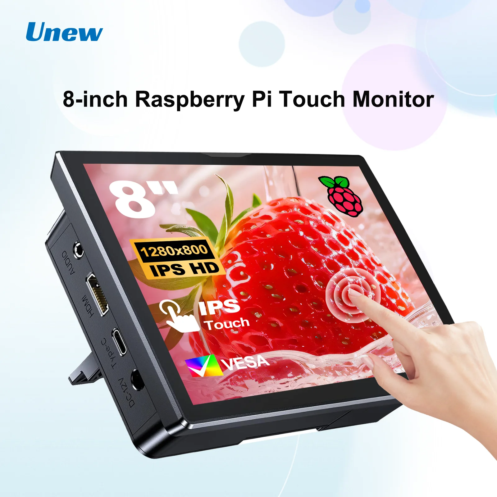 

Unew 8" Touch Screen Monitor for Raspberry Pi 5/4/3 1280x800 16:10 LCD, HDMI/USB, Built-in Fan & Speaker, Ideal for DIY Projects