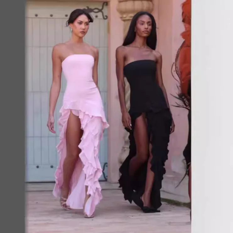 Women Dresses 2026 summer Sexy strapless slim black fungus side slit elegant evening long dress women's clothing vestidoes