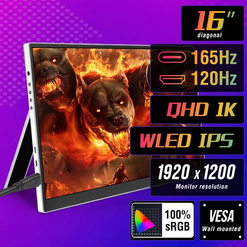 16-Inch Portable Gaming Monitor 165Hz/120Hz 300cd/m Low Blue Light For XBox PS4 / 5 Switch Cell Phone PC Loptop Extension