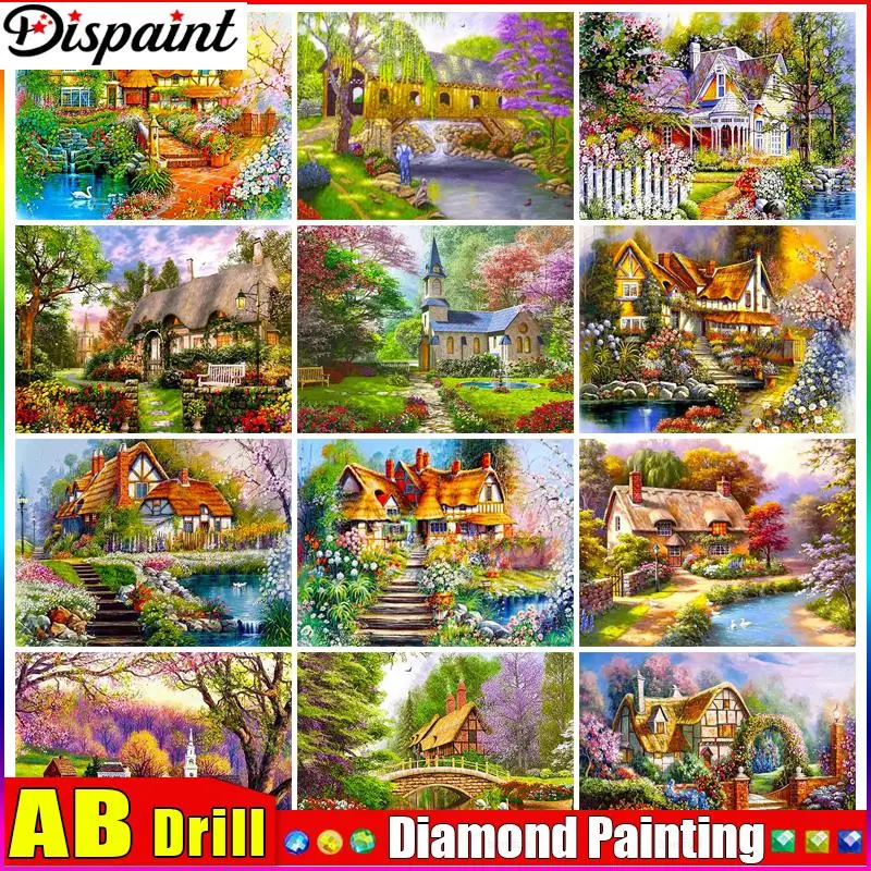 

Dispaint AB 5D Diy Алмазная картина Вышивка крестиком "Домное дерево Река" Домашний декор Полные стразы Инкрустация Алмазная вышивка