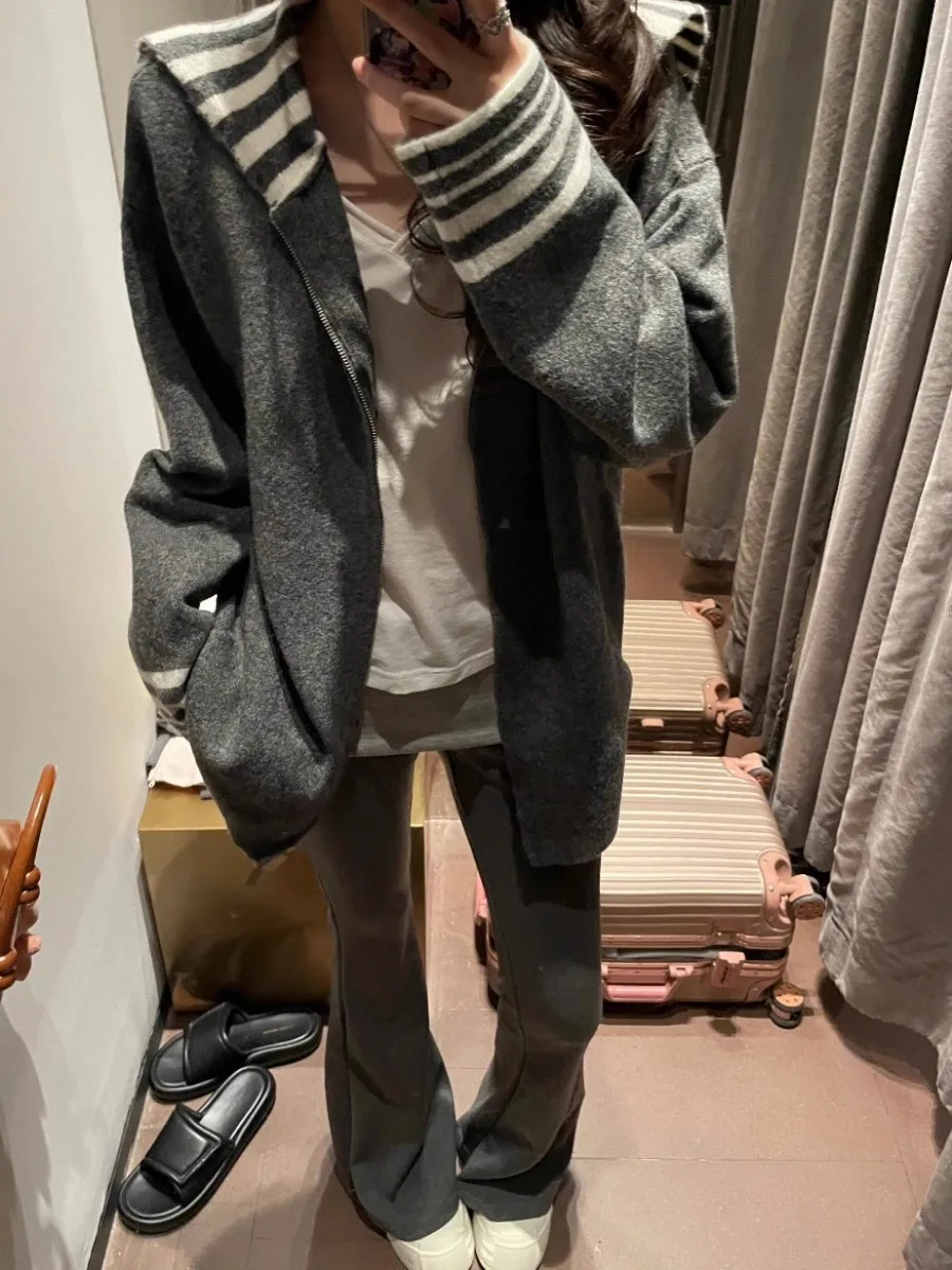 

ay Knitted Navy Collar Sweater Women's High School College Sle Striped Design Open Cardigan Outerwear Autumn 2025 Polyest...