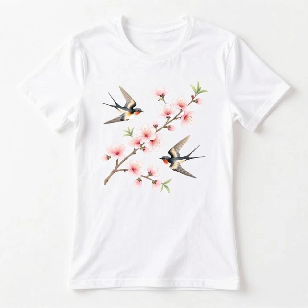 Sakura Graphic Women's Casual White Cherry Blossom Swallow Print Tee Round Neck Short Sleeve Four Seasons Comfortable Women Tee