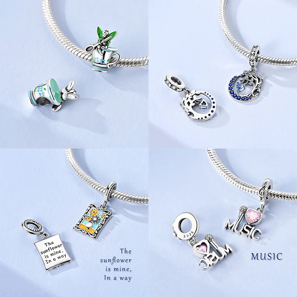 New 925 Silver Charms Pink Zircon Dollar Beads Headphones Music Microphone Pendant Fit Women Diy Original Bracelet Jewelry Gift