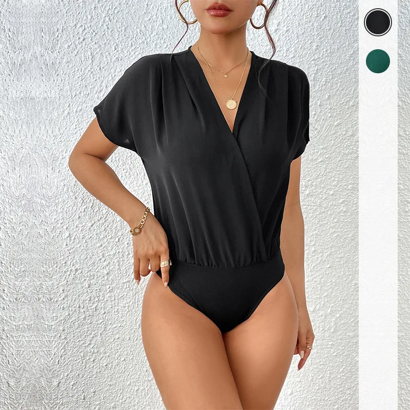 Women's Casual Short Sleeve Jumpsuits One Piece Bodysuits V Neck Bodycon Outfits Clothes Shapewear Summer Lightweight Bodyshaper