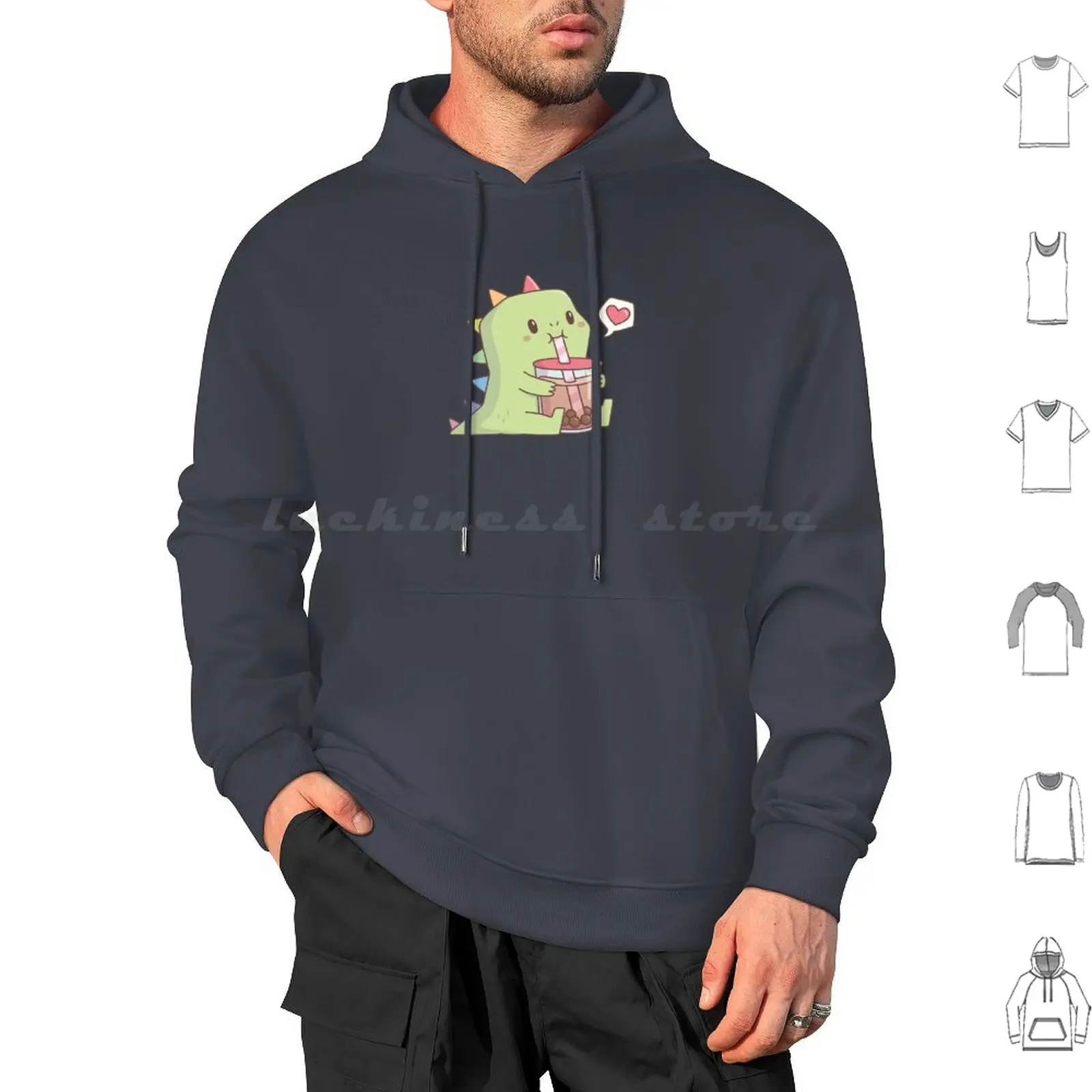 Cute Dino With Rainbow Spikes Loves Bubble Tea Hoodie cotton Long Sleeve Dinosaur Dino Boba Cute Dinosaur Boba Tea Funny