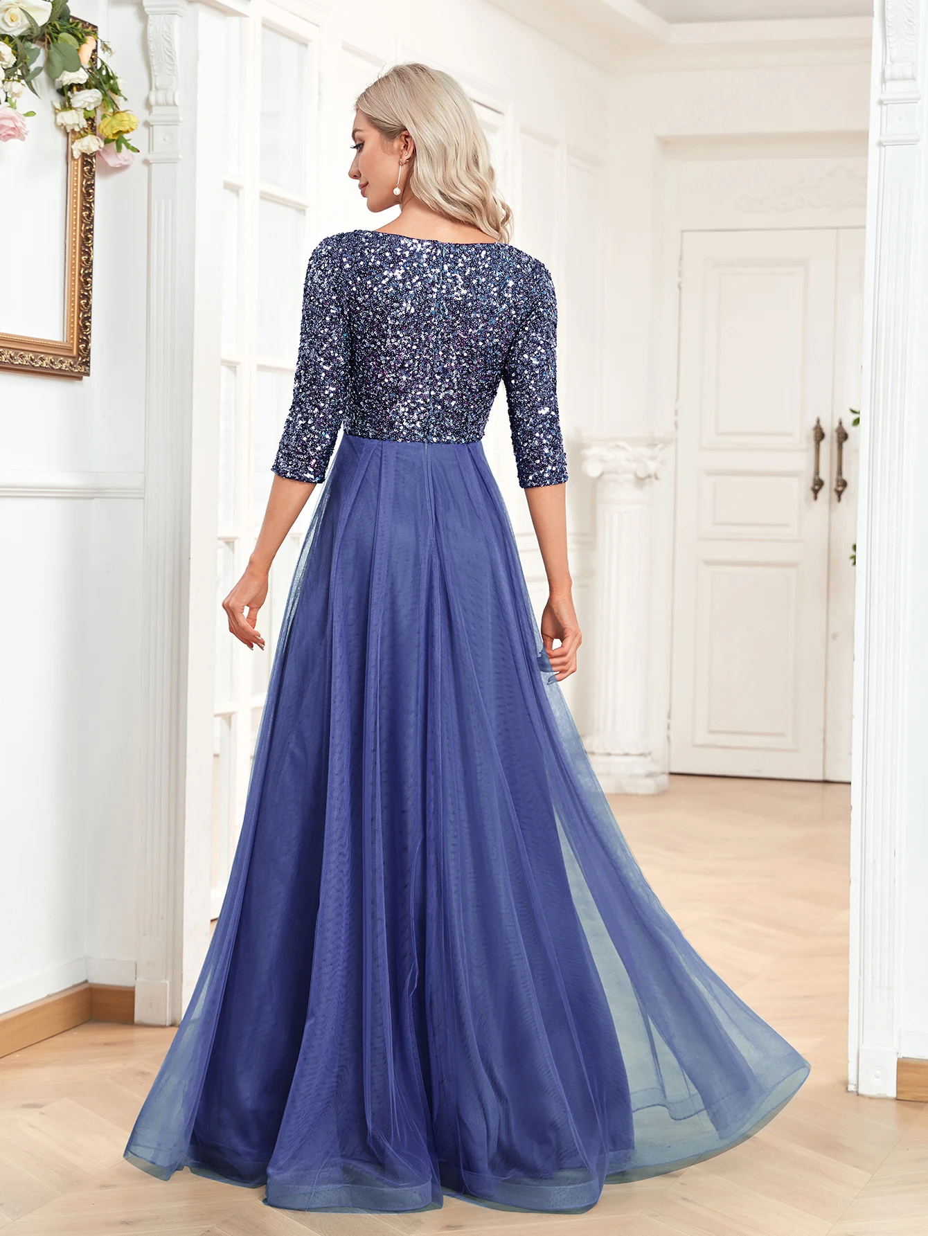 XUIBOL Elegant V-Neck Long Sequin Blue Evening Dress 2024 Women Mermaid Formal Dress Long Sleeves Wedding Party Maxi Prom Dress