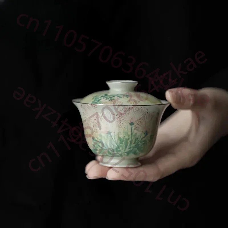 Underglaze Color Hand-painted Dandelion Ceramic Tea Tureen Honey Galze Cover