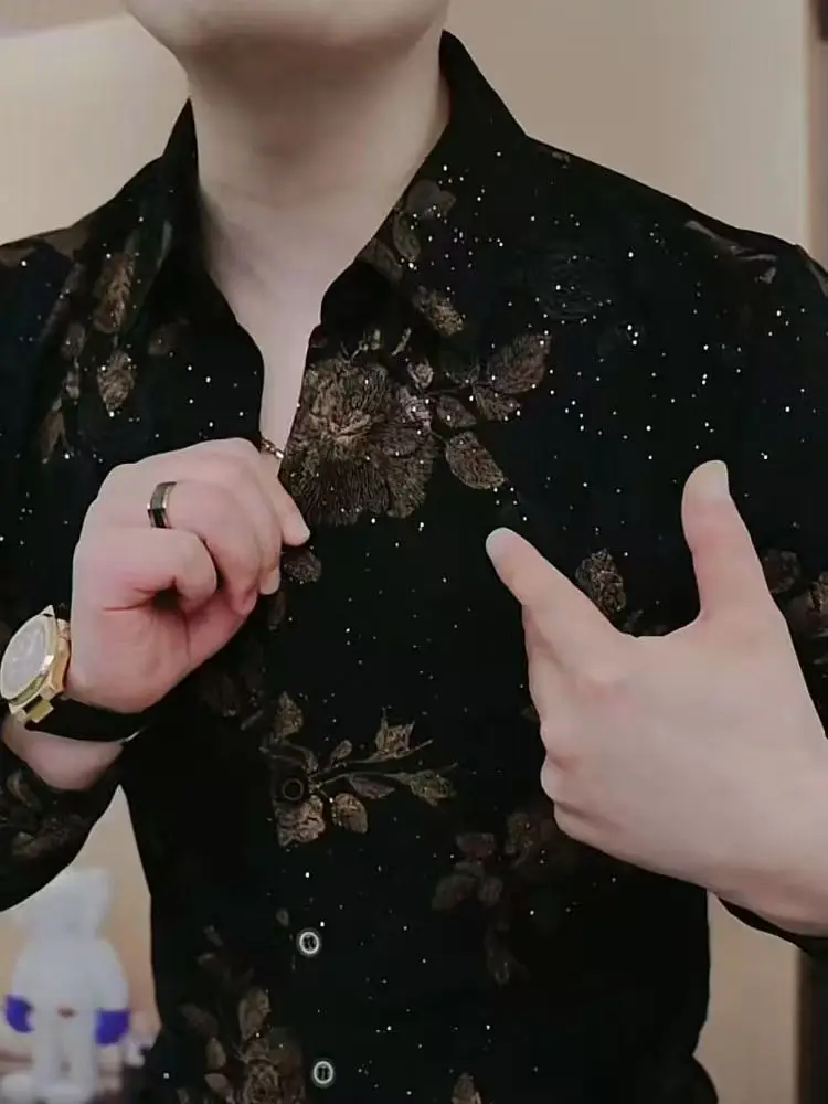 Men's Shirt with Long Sleeves Autumn and Winter Fashion Lapel Trendy Handsome Print Casual Slim Body