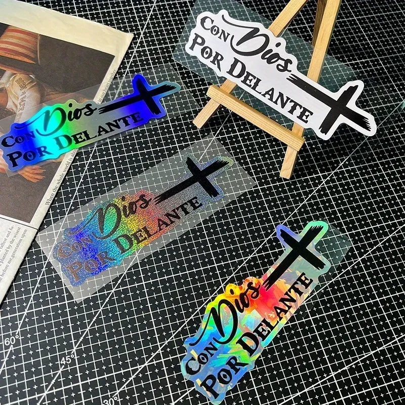 

1 шт., испанская духовная автомобильная наклейка «Con Dios Por Delante», смелые голографические дизайнерские наклейки, уникальный внешний аксессуар для автомобиля