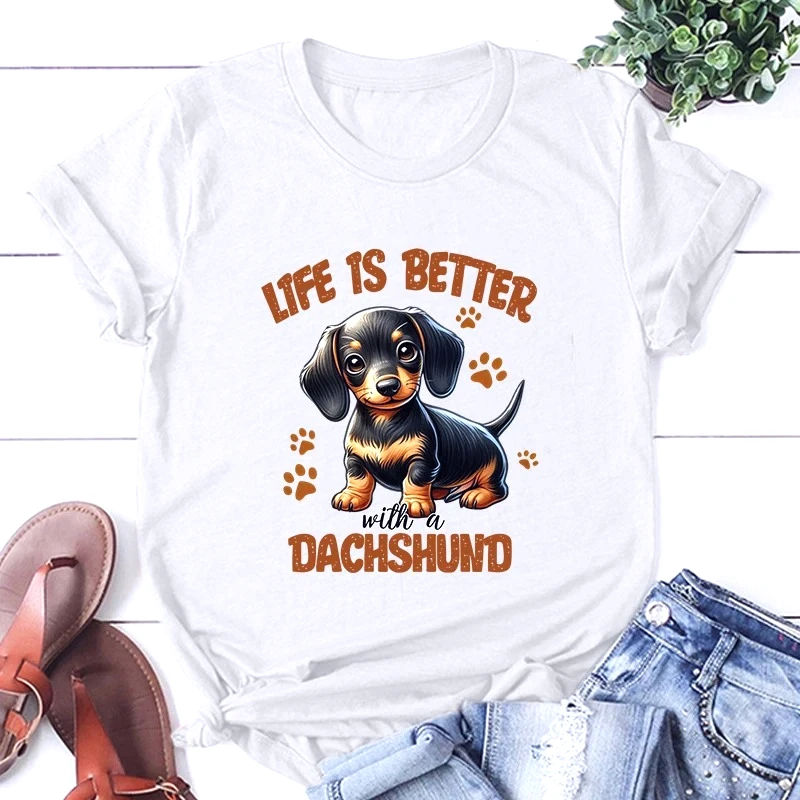 New Dog Life Is Better with A Dachshund Graphic Print T-Shirt Women Fashion Funny Round Neck Tee Shirt Casual Summer Y2k Tops