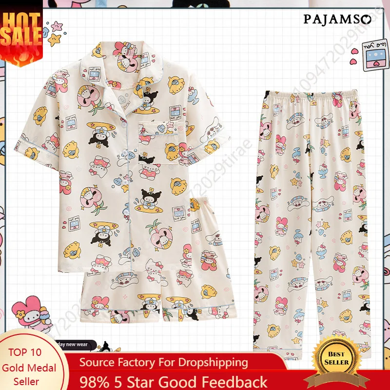 

Sanrio Hello Kitty Cotton Pajamas for Women 3 Piece Set Summer Short Sleeve New Spring Fall Loungewear Cosplay