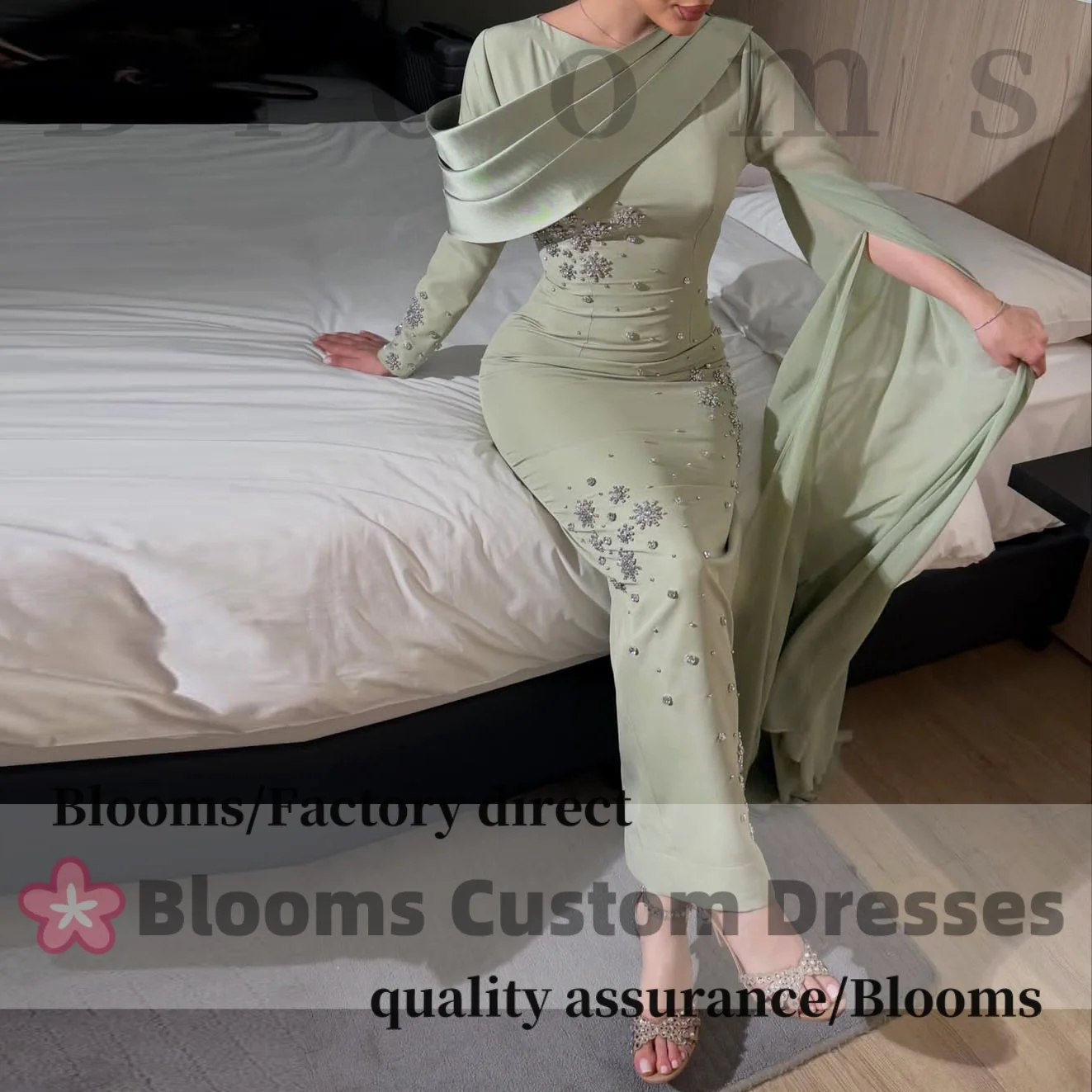 

Customized Sage Green Asymmetric Satin Draped Beaded Snowflake Evening Dresses for Prom Dress Luxury Party Gown Women