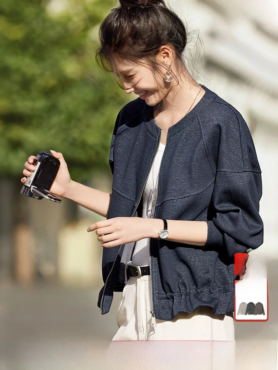 

XWI Commuter Casual Denim Jaet Women's round Ne Waist-Cinching Design Spring Top Faionable Versatile Ladies Outerwear