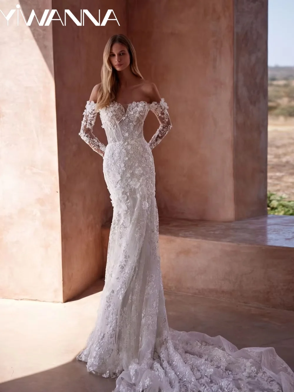 Shinny Beaded Long Wedding Dress Detachable Train Floral Appliques Bridal Gown Customized Off Shoulder Mermaid Dresses For Bride