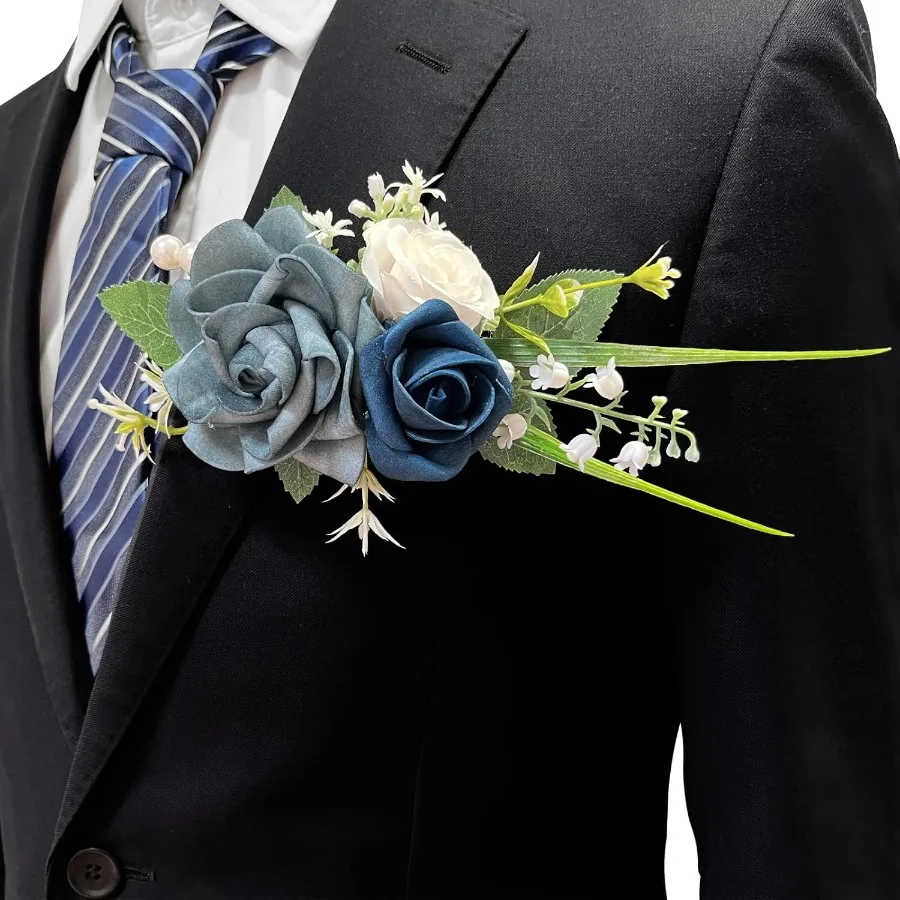 Boutonniere de bolso com flores de rosa azul empoeirado para homens, perfeito para casamento, noivo e padrinhos, ideal para baile de formatura, jantares formais, aniversário
