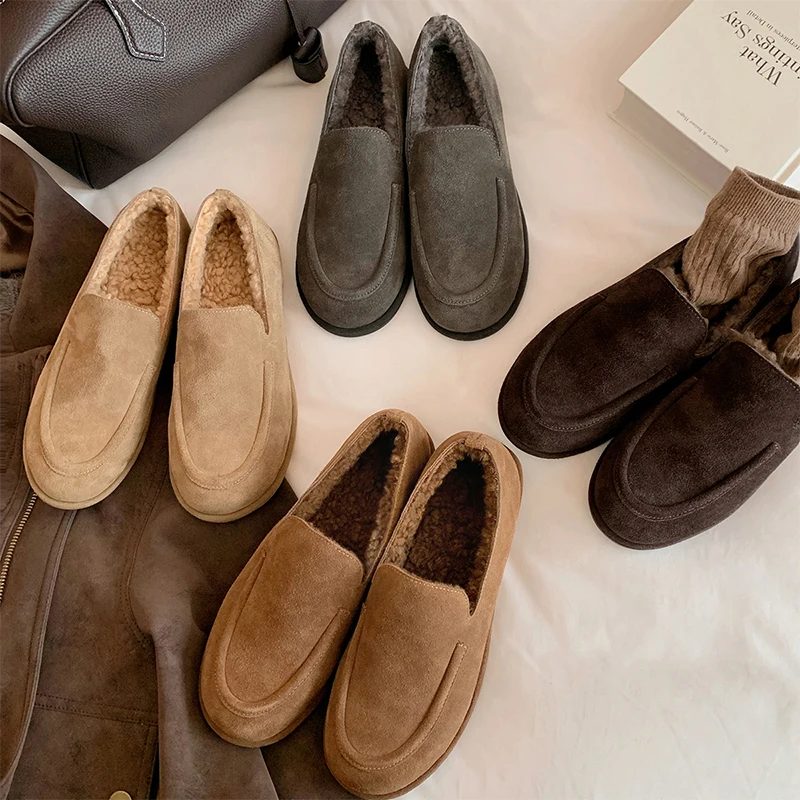 Suede Leather Loafers Woman Round Toe Slip-on Casual Flat Lambswool Shoes Ladies Winter Warm Fur Soft Outdoors Walk Shoes