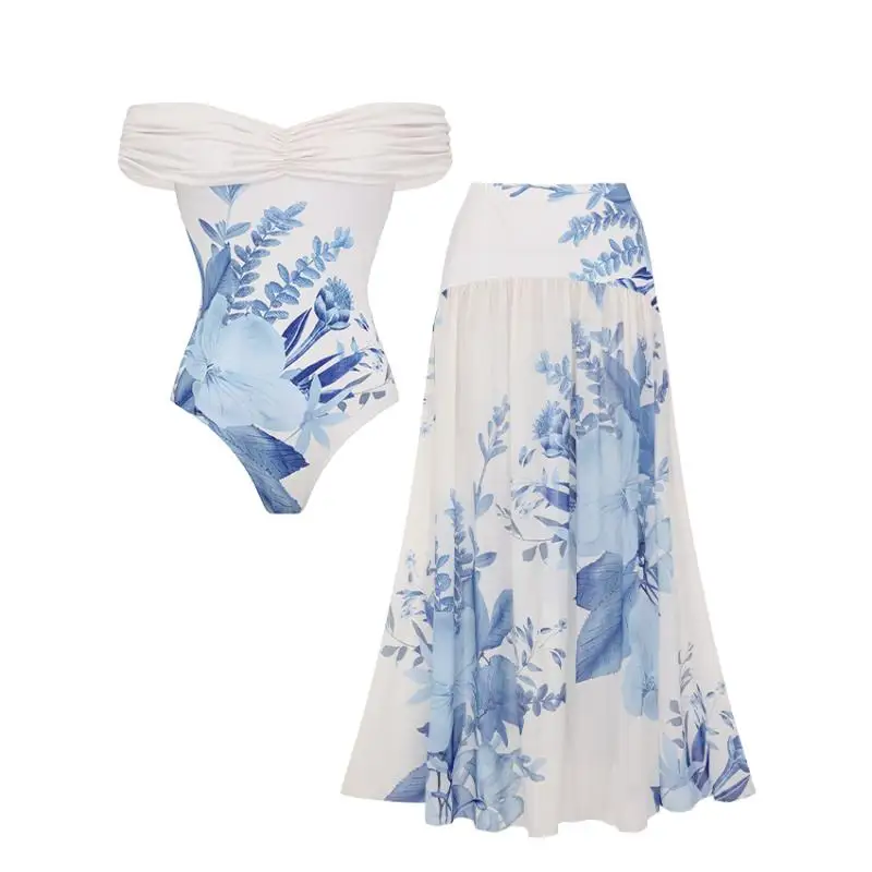 Flaxmaker 2026 Elegant Women Swimsuit And Skirt Vintage Printed One Piece Swimwear Female Beachwear Biquini conjunto de