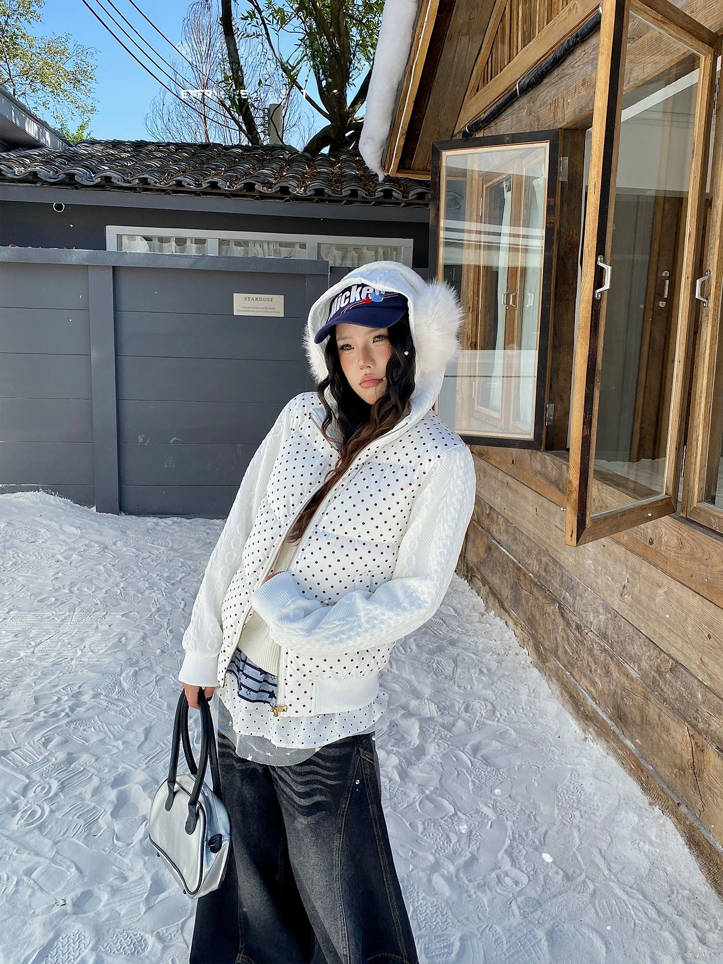 

Вязаная шапка-кепка и пальто для женщин, зимнее, с принтом в горошек, длинный рукав, хлопковая куртка, уличный стиль, свободный крой, полиэстер