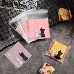 100Pcs Cookie Bags Self-Adhesive Bags Pink Couple Cats Biscuits Candy Jewelry Gift Packaging Plastic Bag