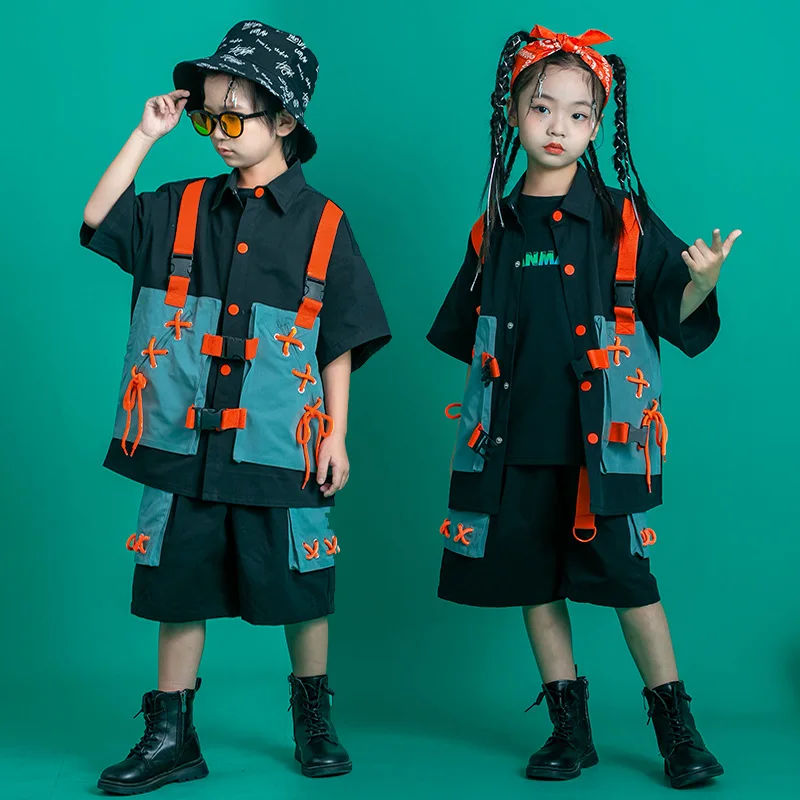 Kid Hip Hop Clothing Lace Up Shirt Short Sleeve Top Summer Streetwear Cargo Shorts Jogger Pants for Girl Boy Jazz Dance Costume