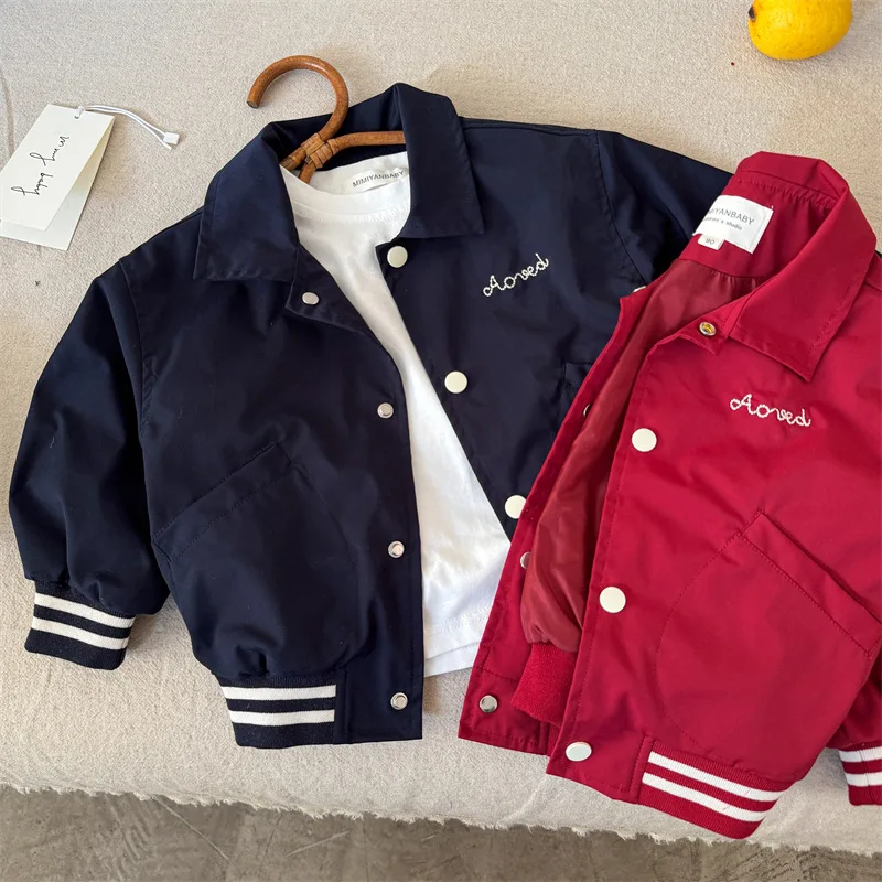 

2025 Autumn New Product: Children's Flip Collar Embroidered Solid Color Thin Baseball Jacket
