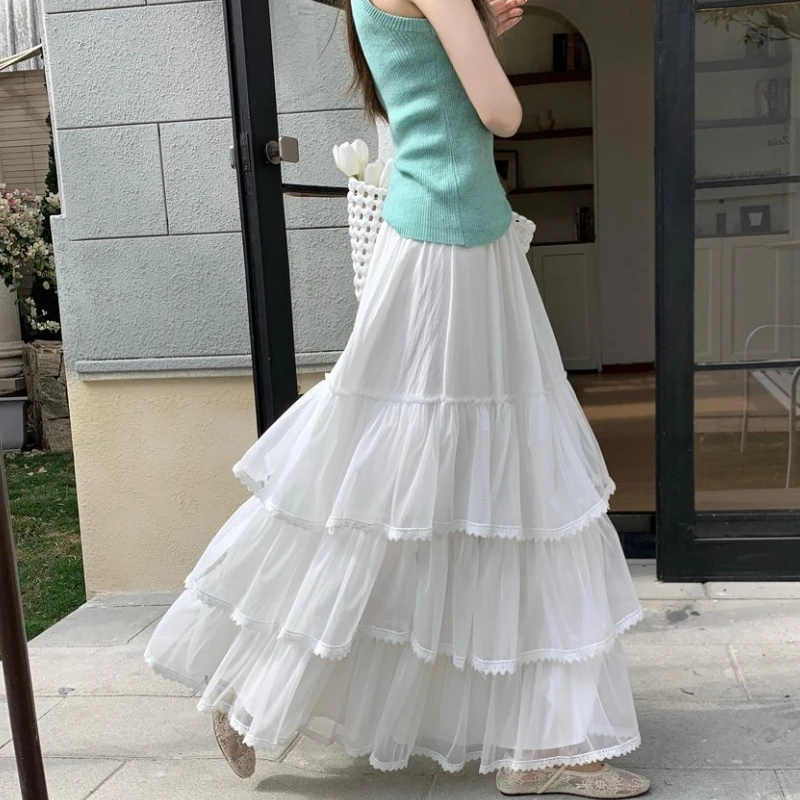 

White Midi Long Skirts Women Ball Gown Skirt 2026 Goth Lolita Spring Summer High Waisted High Low Ruched Ruffle Skirts Maxi rok