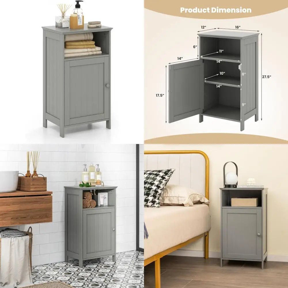 

tangkula bathroom storage cabinet, freestanding wooden single door side floor organizer with adjustable shelf, small bathroom ca