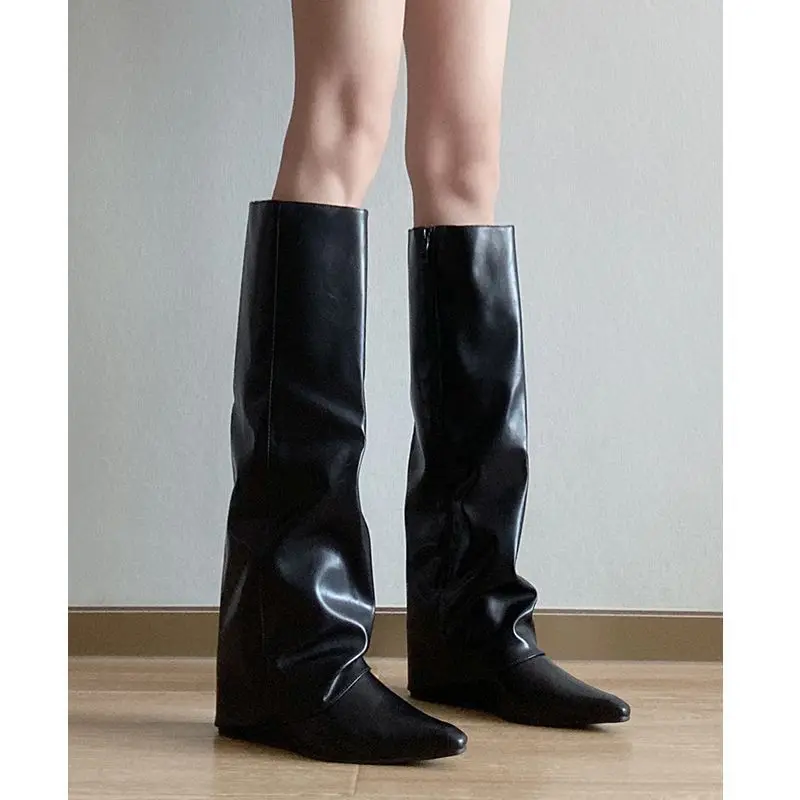 

Женские сапоги до середины икры, весна-осень 2026, высокие сапоги, нишевые сапоги до колена с напуском на танкетке, сапоги для верховой езды с острым носком в стиле ретро