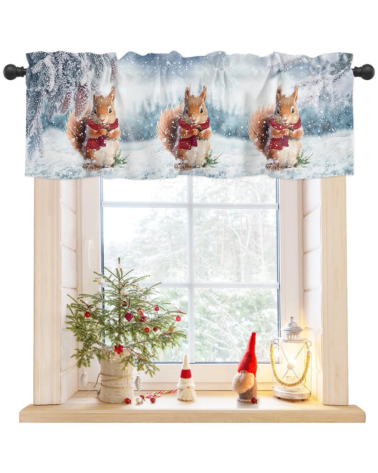 Winter Snow Pine Cone Squirrel Short Curtains Kitchen Cafe Wine Cabinet Door Window Small Curtains Wardrobe Curtain Home Decor