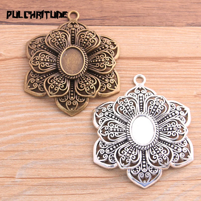 1pcs 13*18mm Inner Size Two Color Double Flower Plant Cabochon Base Setting Charms Pendant For DIY Jewelry Making
