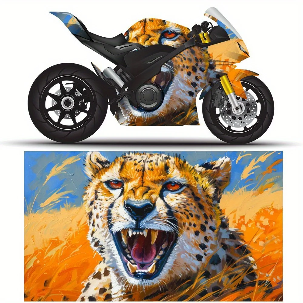 Cheetah Roars Wheat Field Motorcycle Self-Adhesive PVC Vinyl Wraps Sticker, Good-Looking Durable and Waterproof No Bubble Design